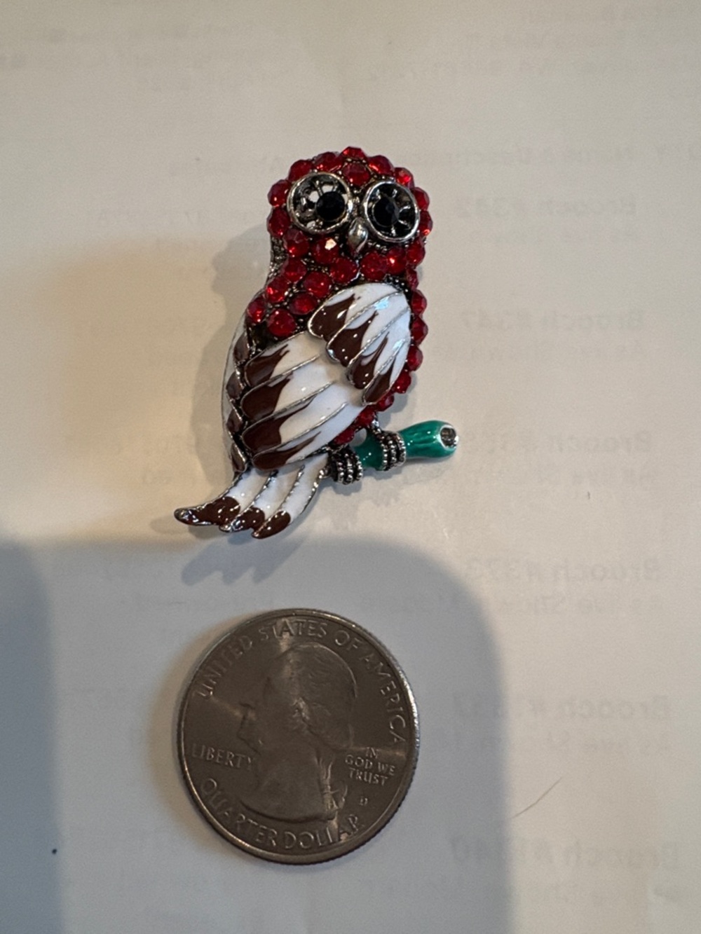 Red and White Owl Brooch Pin with Green Accent
